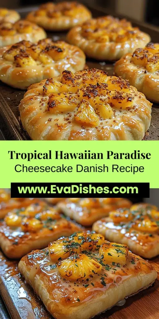 Indulge in the flavors of the tropics with the Hawaiian Paradise Cheesecake Danish, a delightful fusion of flaky pastry, creamy cheesecake filling, and sweet caramelized pineapple. Perfect for breakfast, brunch, or dessert, this recipe is easy enough for bakers of all skill levels. Using King's Hawaiian rolls, the treat is simple to prepare and sure to impress. Get ready to transport your taste buds to paradise with this delicious, tropical-inspired creation!