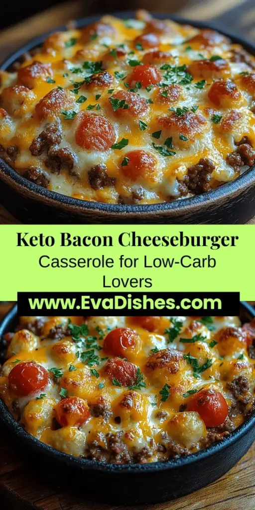 Indulge in the flavors of a classic cheeseburger with a healthy twist! The Keto Bacon Cheeseburger Casserole is a low-carb delight featuring ground beef, crispy bacon, and gooey cheese, perfect for satisfying weeknight dinners or meal preps. It's a nutritious option for those following a ketogenic lifestyle, helping you enjoy comfort food without compromising your health goals. Effortlessly customize this dish with your favorite ingredients for a personalized touch!