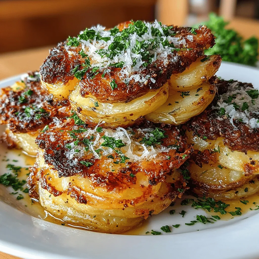 Roasted Garlic Parmesan Potato Stacks are a culinary creation that beautifully marries simplicity with bold, unforgettable flavors. This dish stands out as both a comforting side and a show-stopping appetizer, perfect for family dinners or special gatherings. Imagine layers of thinly sliced potatoes, lovingly roasted to perfection and infused with the rich aroma of garlic and the sharp nuttiness of Parmesan cheese. The moment you walk into a kitchen filled with the scent of roasted garlic, you know you're in for a treat.