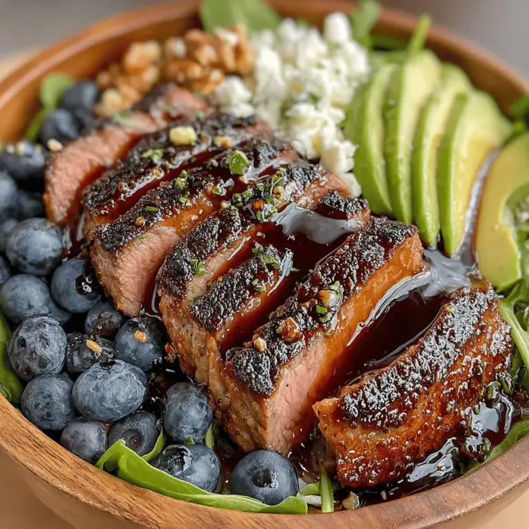 In the quest for a meal that harmonizes taste and nutrition, the Blueberry Bliss Beef Salad Bowl emerges as a standout choice. This vibrant dish combines tender slices of beef sirloin with a medley of fresh greens, luscious blueberries, creamy feta cheese, and crunchy walnuts. Topped with a light balsamic dressing, this salad offers not only a feast for the taste buds but also a wealth of health benefits. Ideal for busy weeknights or as a delightful option for meal prep, this recipe is quick and easy to whip up, making it a perfect addition to any dinner table.
