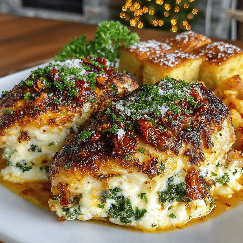 <strong>Introduction</strong>” /></p>
</p>
<h2>The Role of Parmesan Cheese in Adding Flavor and Texture</h2>
</p>
<p>Parmesan cheese is a star ingredient in the Baked Feta and Spinach Stuffed Chicken recipe, bringing a rich, savory flavor that elevates the dish. When combined with the creamy feta and fresh spinach, the grated Parmesan adds a delightful nuttiness and enhances the overall taste profile. Its granular texture also contributes to a pleasant mouthfeel, providing a contrast to the softness of the chicken and the creaminess of the cheese filling.</p>
</p>
<p>For those looking to intensify the flavor even further, consider using freshly grated Parmesan. This type of cheese tends to have a more robust flavor compared to pre-packaged options. Alternatively, for a less intense flavor, you could opt for Pecorino Romano, which has a similar texture but offers a saltier taste.</p>
</p>
<h2>Alternative Topping Options for Variations</h2>
</p>
<p>While the original recipe features a delicious topping of Parmesan cheese, you can easily customize your stuffed chicken to suit your taste preferences. Here are some alternative topping options to consider:</p>
</p>
<p>– <strong>Breadcrumbs</strong>: For added crunch, sprinkle some seasoned breadcrumbs over the top before baking. This will create a delightful golden crust that adds texture.</p>
<p>– <strong>Herbed Cream Cheese</strong>: Swap out the feta for herbed cream cheese for a creamier filling. The herbed variety can enhance the flavor with minimal effort.</p>
<p>– <strong>Mozzarella Cheese</strong>: For a gooey, melty topping, try adding shredded mozzarella cheese. This option pairs beautifully with the spinach and creates a comforting, cheesy layer.</p>
<p>– <strong>Sun-Dried Tomatoes</strong>: For a tangy twist, add chopped sun-dried tomatoes on top or mixed into the filling. They add a burst of flavor that complements the other ingredients perfectly.</p>
</p>
<h2>Baking Process</h2>
</p>
<h3>Importance of Covering with Foil Initially</h3>
</p>
<p>When baking the stuffed chicken, the initial step of covering the dish with foil is crucial. This method traps steam, allowing the chicken to cook evenly and stay moist during the first part of the baking process. The foil prevents the surface from browning too quickly and ensures that the inside reaches the appropriate temperature without overcooking the exterior. After the first 20-25 minutes, remove the foil to allow the top to crisp up and develop a beautiful golden color.</p>
</p>
<h3>Tips for Checking Chicken Doneness</h3>
</p>
<p>To ensure your chicken is cooked perfectly, use a meat thermometer to check the internal temperature. The USDA recommends that chicken breasts should reach an internal temperature of 165°F (75°C) to ensure safety. Insert the thermometer into the thickest part of the chicken, avoiding the cheese filling. If you don’t have a thermometer, another method is to cut into the chicken; the juices should run clear, and the meat should no longer be pink.</p>
</p>
<h2>Serving Suggestions</h2>
</p>
<p>Once your Baked Feta and Spinach Stuffed Chicken is ready, it’s time to think about the perfect accompaniments to create a well-rounded meal. Here are some ideas for side dishes that pair beautifully with this main dish.</p>
</p>
<h3>Roasted Vegetables: Benefits and Simple Recipes</h3>
</p>
<p>Roasted vegetables are not only easy to prepare but also a nutritious side that complements the chicken wonderfully. You can use a variety of vegetables such as carrots, bell peppers, zucchini, or Brussels sprouts. Simply toss them in olive oil, season with salt, pepper, and herbs of your choice, and roast them in the oven alongside the chicken for about 20-25 minutes, or until they are tender and caramelized. This method brings out their natural sweetness and adds color to your plate.</p>
</p>
<h3>Fresh Salad: How to Balance Flavors with Dressings</h3>
</p>
<p>A fresh salad is another excellent side dish that balances the richness of the stuffed chicken. Consider a simple arugula salad with cherry tomatoes, cucumber, and a light vinaigrette made of olive oil, lemon juice, salt, and pepper. The bright dressing will cut through the creaminess of the cheese filling and refresh your palate. You can also add nuts or seeds for a crunchy element and some crumbled feta for consistency with the main dish.</p>
</p>
<h3>Presentation Tips for an Appealing Plate</h3>
</p>
<p>Presentation plays a significant role in enhancing the dining experience. For a visually appealing plate, consider slicing the stuffed chicken in half to showcase the vibrant green spinach and creamy feta filling. Arrange the roasted vegetables on one side and the salad on the other, drizzling a bit of dressing over the salad for a pop of color. Garnish the entire plate with fresh herbs, such as parsley or basil, for an added touch of elegance.</p>
</p>
<h2>Nutritional Information</h2>
</p>
<p>When it comes to enjoying a flavorful meal like Baked Feta and Spinach Stuffed Chicken, understanding the nutritional content is important for many home cooks. Here’s a breakdown of the key nutritional information per serving:</p>
</p>
<p>– <strong>Calories</strong>: Approximately 350-400 calories</p>
<p>– <strong>Protein</strong>: 30-35 grams</p>
<p>– <strong>Fats</strong>: 20-25 grams</p>
<p>– <strong>Carbohydrates</strong>: 5-7 grams</p>
</p>
<p>This dish is an excellent source of protein, making it a satisfying option for those looking to build muscle or maintain a healthy diet. Additionally, it is naturally low in carbohydrates, making it suitable for those following a low-carb or ketogenic lifestyle.</p>
</p>
<p>For those with dietary considerations, this recipe can easily be adapted. To create a gluten-free version, simply ensure that any breadcrumbs used are gluten-free. Those looking to reduce caloric intake can opt for a lower-fat cheese or reduce the amount of oil used in the recipe.</p>
</p>
<h2>Variations and Customizations</h2>
</p>
<p>One of the best aspects of the Baked Feta and Spinach Stuffed Chicken recipe is its versatility. Here are some suggestions for ingredient substitutions and customizations:</p>
</p>
<h3>Different Cheeses</h3>
</p>
<p>If you want to experiment with different flavors, consider using:</p>
</p>
<p>– <strong>Ricotta Cheese</strong>: This creamy cheese adds a lightness to the filling and pairs well with spinach. Mix it with some herbs for added flavor.</p>
<p>– <strong>Goat Cheese</strong>: For a tangy twist, goat cheese can replace feta. Its creamy texture will meld beautifully with the spinach and chicken.</p>
<p>– <strong>Mozzarella</strong>: For those who prefer a milder flavor, mozzarella is a great option. It will melt wonderfully and create a delightful texture.</p>
</p>
<h3>Other Greens</h3>
</p>
<p>While spinach is a fantastic choice, you can switch it up with other greens like:</p>
</p>
<p>– <strong>Kale</strong>: A heartier green that holds up well during cooking, kale can add a different flavor and texture to your stuffing.</p>
<p>– <strong>Arugula</strong>: For a peppery flavor, consider adding arugula. Its unique taste pairs well with the cheeses and adds a fresh element to the dish.</p>
</p>
<h3>Vegetarian Options</h3>
</p>
<p>To adapt the recipe for vegetarian diets, simply omit the chicken and use large portobello mushrooms or hollowed-out bell peppers as the “chicken” vessel. Fill them with the spinach and cheese mixture, following the same baking instructions for a delicious and satisfying meal.</p>
</p>
<h2>Storing and Reheating</h2>
</p>
<p>If you find yourself with leftovers, storing them properly is essential to maintain their flavor and texture. Here are some best practices for storing and reheating your Baked Feta and Spinach Stuffed Chicken:</p>
</p>
<p>– <strong>Storing</strong>: Allow the stuffed chicken to cool to room temperature before placing it in an airtight container. Store it in the refrigerator for up to 3 days. If you want to keep it longer, consider freezing it. Wrap each stuffed chicken in plastic wrap and then place it in a freezer-safe bag. It can be stored in the freezer for up to 3 months.</p>
</p>
<p>– <strong>Reheating</strong>: To reheat, it’s best to do so in the oven to retain moisture. Preheat your oven to 350°F (175°C), place the stuffed chicken in a baking dish, cover it with foil, and heat for 20-25 minutes or until warmed through. If reheating from frozen, allow it to thaw in the refrigerator overnight before reheating.</p>
</p>
<h2>Conclusion</h2>
</p>
<p>The Baked Feta and Spinach Stuffed Chicken is not only a feast for the taste buds but also a versatile and visually stunning dish that can be adapted to suit various dietary preferences. Its rich flavors, combined with the healthy spinach and savory cheeses, make it a delightful choice for any home cook looking to impress family or friends.</p>
</p>
<p>Whether you’re serving it for a special occasion or a simple weeknight dinner, this dish promises to be a satisfying and comforting meal. We encourage you to try making this recipe at home and discover the delightful flavors it offers. The satisfaction of preparing a delicious, home-cooked meal is unmatched, and this stuffed chicken is sure to become a favorite in your culinary repertoire. Enjoy the process and the delicious results!</p>
</div>