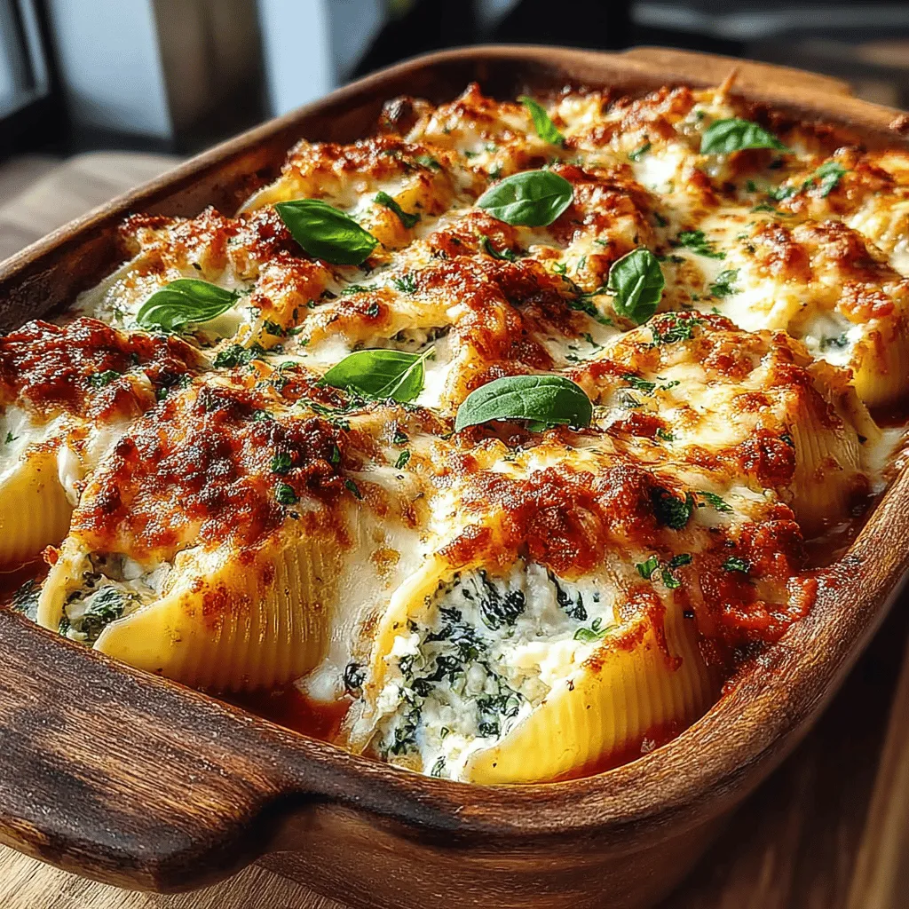<strong>Overview of Jumbo Pasta Shells</strong>” /></p>
</p>
<h2>Tips for Ensuring the Spinach is Well-Distributed</h2>
</p>
<p>To achieve the perfect balance of flavor in your cheesy spinach stuffed shells, ensuring that the spinach is evenly distributed is crucial. Here are some practical tips to help you with this step:</p>
</p>
<p>1. <strong>Thoroughly Chop the Spinach</strong>: After cooking the spinach, let it cool slightly, and then chop it finely. This will help it mix seamlessly with the cheese mixture and make it easier to stuff the shells.</p>
</p>
<p>2. <strong>Mix Well with Cheese</strong>: When combining the chopped spinach with the ricotta, mozzarella, Parmesan, and seasonings, use a spatula to fold the spinach into the cheese mixture gently. This ensures that every spoonful of filling contains a bit of spinach.</p>
</p>
<p>3. <strong>Use a Consistent Ratio</strong>: Aim for a consistent ratio of spinach to cheese in your filling. A good rule of thumb is to use about 1 cup of chopped spinach for every 2 cups of cheese mixture. This will provide a balanced taste in every bite.</p>
</p>
<h2>Stuffing the Shells</h2>
</p>
<p>Once your spinach is well-distributed in the cheese mixture, it’s time to stuff those pasta shells. Follow these simple steps to ensure a successful stuffing process:</p>
</p>
<p>1. <strong>Prepare the Shells</strong>: Cook the jumbo pasta shells according to package instructions until al dente. Drain and rinse them under cold water to stop the cooking process. This step is crucial to prevent the shells from becoming mushy.</p>
</p>
<p>2. <strong>Fill with Care</strong>: Using a small spoon or a piping bag, carefully fill each shell with the spinach and cheese mixture. Be gentle to avoid breaking the shells. If using a piping bag, cut the tip to create a wide enough opening for the filling.</p>
</p>
<p>3. <strong>Avoid Overstuffing</strong>: It can be tempting to fill each shell to the brim, but avoid overstuffing to prevent spillage during baking. A generous tablespoon per shell is usually sufficient.</p>
</p>
<h2>Techniques for Filling Shells Without Breaking Them</h2>
</p>
<p>Handling pasta shells can be tricky, but employing the right techniques can help you fill them without any mishaps:</p>
</p>
<p>1. <strong>Work with One Shell at a Time</strong>: Rather than filling multiple shells at once, focus on one shell at a time. This reduces the risk of breakage and allows you to be more precise with your stuffing.</p>
</p>
<p>2. <strong>Use a Spoon or Small Scoop</strong>: A small spoon or a cookie scoop can help you place the filling inside the shell without applying too much pressure. A scoop allows for even portions and makes the filling easier.</p>
</p>
<p>3. <strong>Align the Shells Properly</strong>: When placing the filled shells in the baking dish, ensure they are upright and not stacked on top of each other. This prevents pressure that can lead to breakage.</p>
</p>
<h2>Layering Marinara Sauce for Added Flavor</h2>
</p>
<p>Layering marinara sauce not only adds flavor but also creates a beautiful presentation. Here’s how to do it effectively:</p>
</p>
<p>1. <strong>Spread a Base Layer</strong>: Start by spreading a thin layer of marinara sauce at the bottom of your baking dish. This prevents the shells from sticking and adds moisture during baking.</p>
</p>
<p>2. <strong>Carefully Place the Filled Shells</strong>: Arrange the stuffed shells in a single layer on top of the sauce. Make sure they are evenly spaced for even cooking.</p>
</p>
<p>3. <strong>Top with More Sauce</strong>: Once all the shells are placed in the dish, pour additional marinara sauce over the top. Use a spoon to ensure each shell is covered but avoid drowning them in sauce, as this can make the dish too soggy.</p>
</p>
<p>4. <strong>Sprinkle with Cheese</strong>: Finish the layering process with a generous sprinkle of shredded mozzarella and Parmesan cheese on top. This will create a deliciously cheesy crust as the dish bakes.</p>
</p>
<h2>Layering and Baking</h2>
</p>
<p>Now that your shells are stuffed and layered, it’s time to bake them to perfection. Here are some key points to consider:</p>
</p>
<p>1. <strong>Cover with Foil</strong>: Before placing the dish in the oven, cover it with aluminum foil. This step is essential for retaining moisture and ensuring that the cheese melts properly without burning.</p>
</p>
<p>2. <strong>Bake at the Right Temperature</strong>: Preheat your oven to 375°F (190°C). Bake the covered dish for about 25 minutes. This allows the flavors to meld while keeping the cheese and sauce from drying out.</p>
</p>
<p>3. <strong>Uncover for the Finish</strong>: After 25 minutes, remove the foil and bake for an additional 10-15 minutes. This step is crucial for achieving that golden, bubbly cheese topping that everyone loves.</p>
</p>
<h3>Importance of Covering with Foil to Retain Moisture</h3>
</p>
<p>Covering the dish with foil while baking serves several important purposes:</p>
</p>
<p>– <strong>Prevents Drying Out</strong>: The foil traps steam inside the dish, helping to keep the shells moist and tender.</p>
<p>– <strong>Even Cooking</strong>: It ensures that the heat is distributed evenly, cooking the shells and sauce without overcooking the cheese topping.</p>
<p>– <strong>Reduces Splatter</strong>: Covering the dish can minimize sauce splatter in the oven, making cleanup easier.</p>
</p>
<h3>Tips for Achieving That Golden, Bubbly Cheese Topping</h3>
</p>
<p>To ensure your cheesy spinach stuffed shells come out with a perfect golden top, consider the following tips:</p>
</p>
<p>1. <strong>Use Quality Cheese</strong>: Opt for fresh, high-quality cheeses. Fresh mozzarella and Parmesan will melt beautifully and create a more appealing texture.</p>
</p>
<p>2. <strong>Broil for Extra Crispiness</strong>: If you want an even browner crust, turn on the broiler for the last few minutes of baking. Just be sure to watch closely, as cheese can burn quickly under high heat.</p>
</p>
<p>3. <strong>Add Breadcrumbs for Texture</strong>: For an extra crunch, consider sprinkling some seasoned breadcrumbs on top of the cheese before baking. This will add a delightful texture contrast to the creamy filling.</p>
</p>
<h2>Baking and Serving Suggestions</h2>
</p>
<p>Once your cheesy spinach stuffed shells are perfectly baked, it’s time to serve! Here are some finishing touches and presentation ideas to elevate your dish:</p>
</p>
<h3>Finishing Touches for Presentation</h3>
</p>
<p>1. <strong>How to Garnish: Fresh Basil and Red Pepper Flakes</strong>: Fresh herbs add brightness. Chop some basil and sprinkle it over the top before serving. For those who enjoy a little heat, a dash of red pepper flakes can enhance the flavor profile.</p>
</p>
<p>2. <strong>Enhancing the Visual Appeal</strong>: Consider using a colorful serving dish to contrast the rich colors of the marinara and cheese. A clear glass dish can also showcase the layers beautifully.</p>
</p>
<p>3. <strong>Flavor Profiles Added by Garnishes</strong>: Fresh basil contributes a fragrant aroma and a peppery bite, while red pepper flakes introduce a subtle heat that balances the richness of the cheese.</p>
</p>
<h3>Ideal Serving Suggestions</h3>
</p>
<p>1. <strong>Pairing with Salads or Bread</strong>: These stuffed shells are rich and filling, so pair them with a light side salad dressed with vinaigrette to balance the meal. Crusty garlic bread or a soft baguette is also a great accompaniment for soaking up any extra sauce.</p>
</p>
<p>2. <strong>Recommended Wine Pairings for a Complete Meal</strong>: To complement the cheesy spinach stuffed shells, a medium-bodied red wine like Chianti or a light white wine such as Pinot Grigio works wonderfully. Both options enhance the flavors without overpowering the dish.</p>
</p>
<h2>Nutritional Analysis of Cheesy Spinach Stuffed Shells</h2>
</p>
<p>Understanding the nutritional value of your meal is essential, especially if you’re mindful of health. Here’s a breakdown of the key components:</p>
</p>
<h3>Caloric Breakdown per Serving</h3>
</p>
<p>A typical serving of cheesy spinach stuffed shells contains approximately 400-500 calories, depending on portion sizes and the specific ingredients used. This makes it a satisfying yet indulgent dish.</p>
</p>
<h3>Discussion on Portion Sizes and Serving Recommendations</h3>
</p>
<p>For a well-rounded meal, consider serving one to two stuffed shells per person, depending on the size of your shells and the overall meal. This allows for a fulfilling experience without excessive caloric intake.</p>
</p>
<h3>Health Benefits of Key Ingredients</h3>
</p>
<p>1. <strong>Spinach’s Role in Promoting Overall Health</strong>: Spinach is a powerhouse of nutrients, rich in vitamins A, C, and K, as well as iron and antioxidants. This leafy green is known to support cardiovascular health and improve bone density.</p>
</p>
<p>2. <strong>Benefits of Dairy in Moderation</strong>: The cheeses used in this recipe provide protein and calcium, essential for bone health. Enjoying dairy in moderation can contribute to a balanced diet.</p>
</p>
<h3>Dietary Considerations</h3>
</p>
<p>1. <strong>Vegetarian-Friendly Attributes</strong>: This dish is perfect for vegetarians, offering a hearty meal option packed with flavor and nutrition.</p>
</p>
<p>2. <strong>Gluten-Free Adaptations (Alternative Pasta Options)</strong>: For those following a gluten-free diet, consider using gluten-free jumbo shells or even zucchini noodles to create a low-carb version of this dish.</p>
</p>
<h2>Conclusion: The Comfort of Homemade Cheesy Spinach Stuffed Shells</h2>
</p>
<p>Cheesy spinach stuffed shells bake is not just a meal; it’s a comforting experience that brings warmth and satisfaction to the table. With its blend of creamy cheeses, vibrant spinach, and savory marinara sauce, this dish is a perfect example of how simple ingredients can come together to create something extraordinary. Whether you’re preparing it for a family gathering or a quiet dinner for one, this recipe promises to bring joy and nourishment to all who enjoy it. Embrace the flavors and textures of this delightful bake, and make it a staple in your culinary repertoire.</p>
</div>