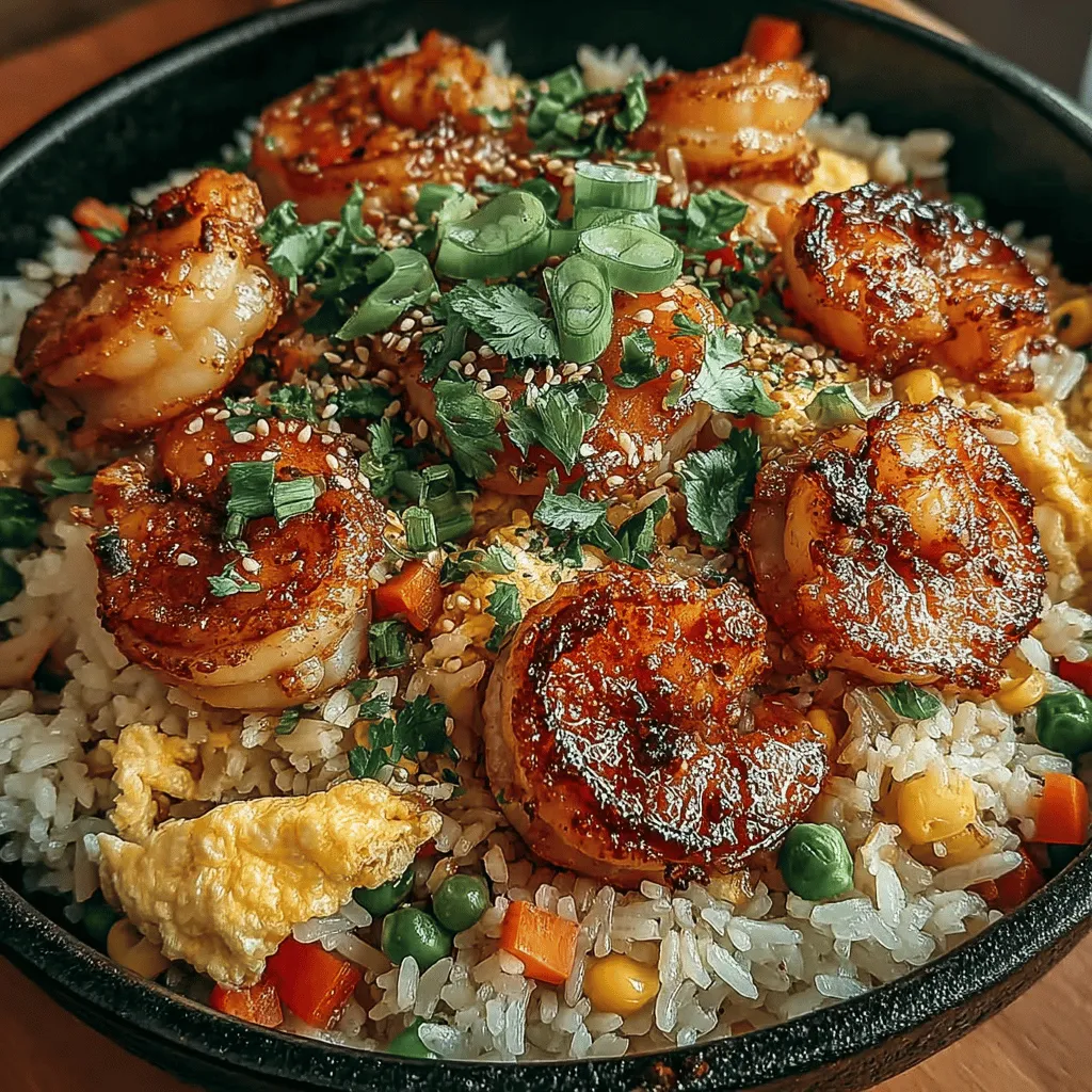 Fried rice is a beloved dish that transcends cultures and kitchens, celebrated for its versatility and ease of preparation. Among the myriad of variations, the Savory Garlic Shrimp Fried Rice stands out as a tantalizing option, merging the sweetness of succulent shrimp with the robust aroma of garlic and the crunch of fresh vegetables. This dish not only tantalizes the taste buds but also serves as a perfect solution for a quick weeknight dinner or a satisfying lunch. Utilizing day-old jasmine rice is key to achieving the ideal texture, while soy and oyster sauces amplify the umami profile, ensuring that each bite is a savory experience. Whether you're a novice in the kitchen or a seasoned cook, this easy-to-follow recipe will guide you in creating a restaurant-quality meal right at home.